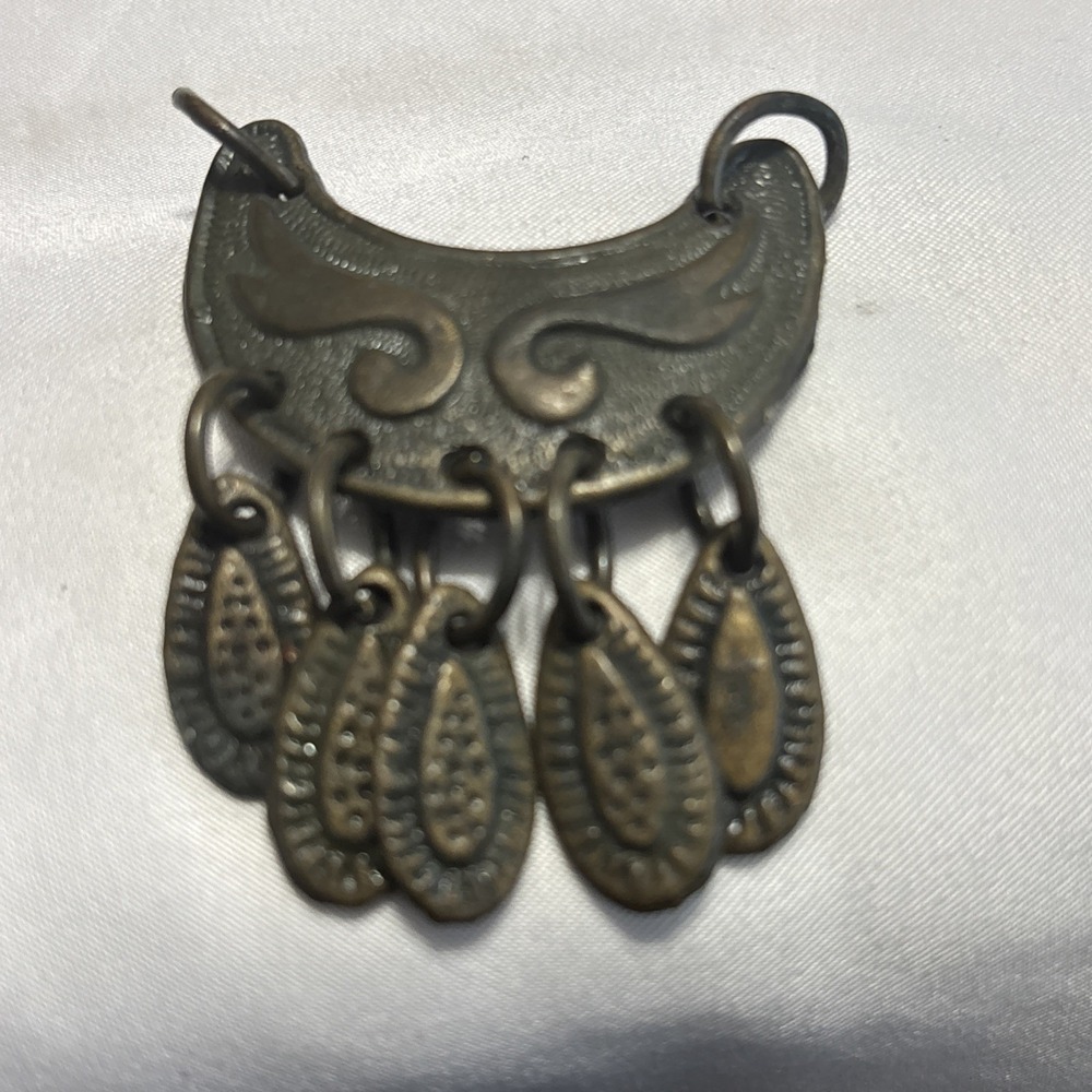 Vintage Tribal Crescent Dangle Pendant Brooch Brass Boho Ethnic